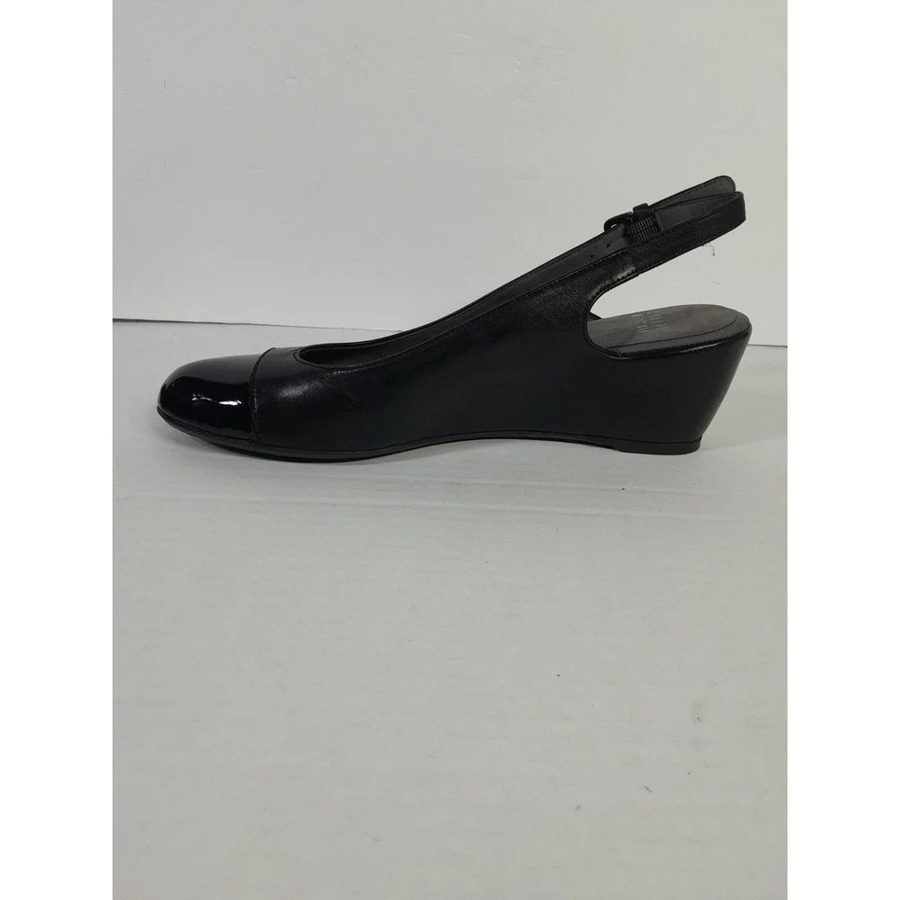 Stuart Weitzman Wedge Heel sz 8 N Women Cap Toe Shoe Black Leather Slingback